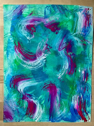 Turquoise and violet sweeping brushwork across an original cover painting on paper