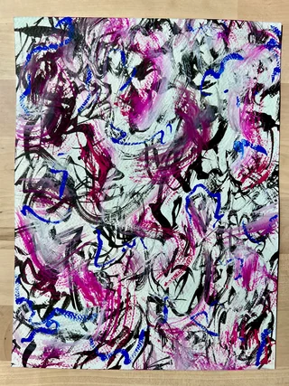 Violet, black and white overlapping painted lines on a paper cover