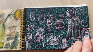 Small outlined figures, shapes and objects drawn in pale colors on dark sketchbook paper