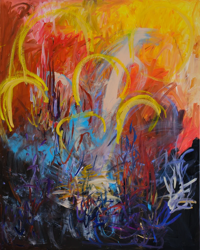 Golden yellow and orange above a blue and violet field